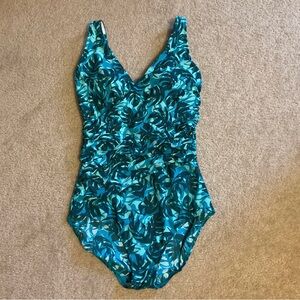 LL Bean Blue & Green Tropical One Piece Bathing Suit Swimsuit UPF 50+ Size 16 L